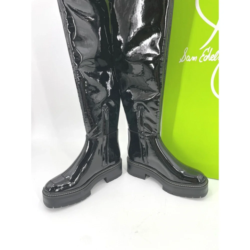 Sam Edelman Lydia Over The Knee Boots Womens 6.5 Black Patent Lug Sole NIB $225